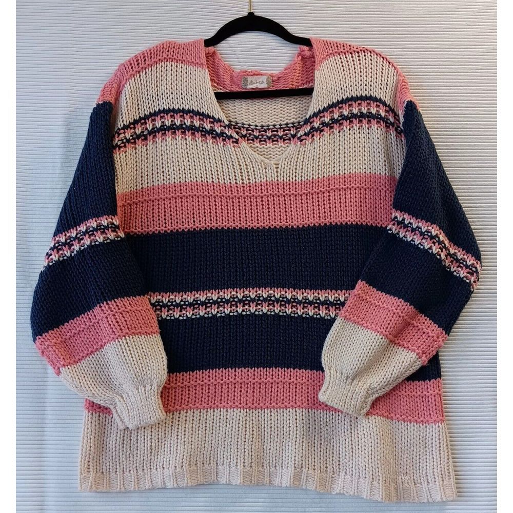Altard State Sweater WomenvS Slouchy V-Neck Colorful Crochet‎ Knit Stretch Flowy